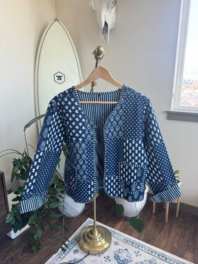NWOT Blue & White Quilted Kantha Liner Jacket